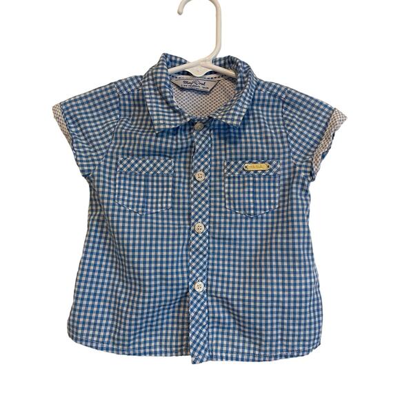 Mayoral blue gingham short sleeve button up shirt collared lightweight Size 4-6m - Picture 1 of 6